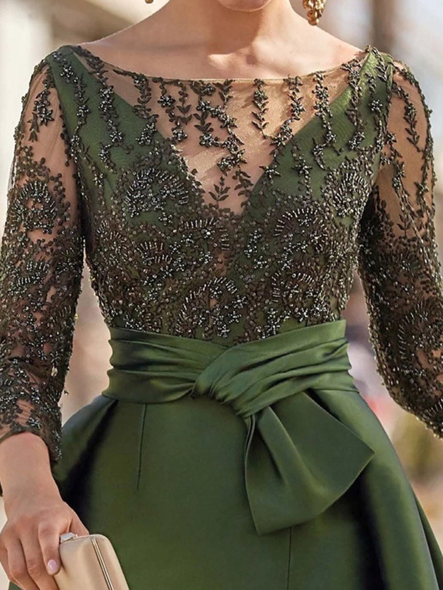A-line Bateau 3/4 Sleeves Appliques Lace Floor-Length Satin Corset Mother of the Bride Dress