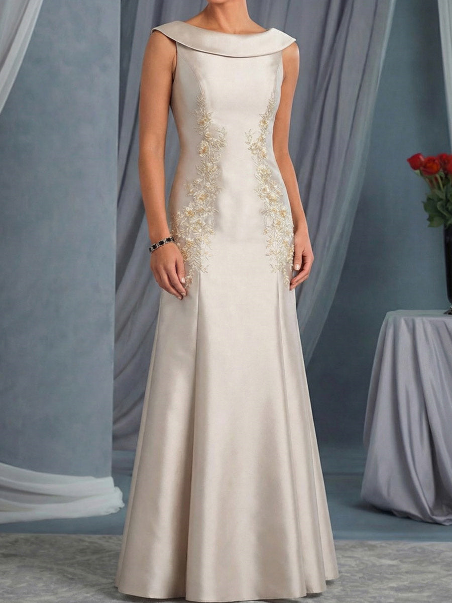 A-line Bateau Ruffles Floor-Length Satin Corset Mother of the Bride Dress