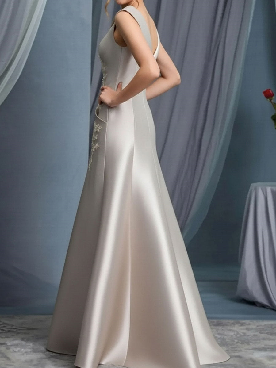 A-line Bateau Ruffles Floor-Length Satin Corset Mother of the Bride Dress