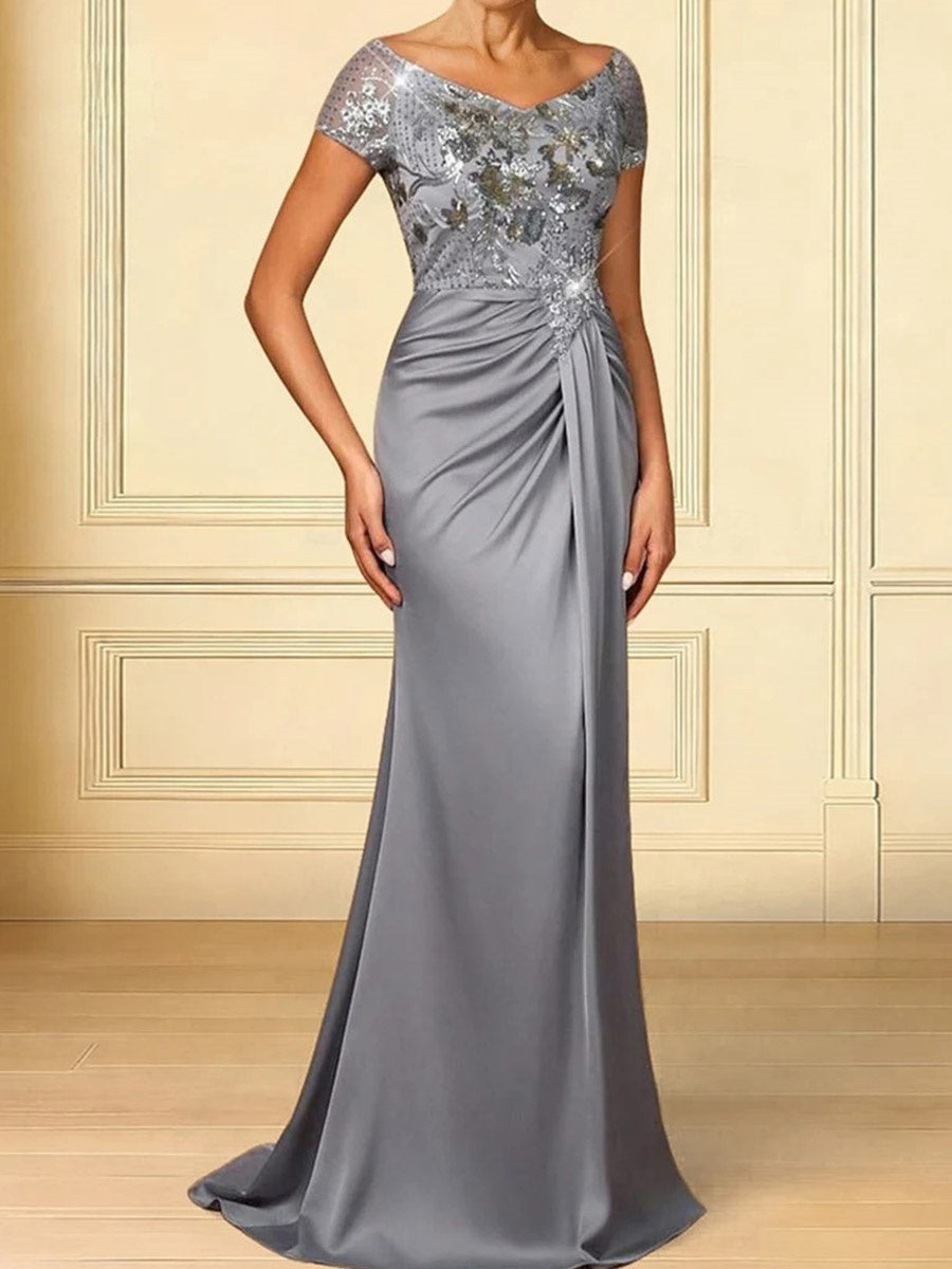 Sheath Off-the-Shoulder Short Sleeves Sequin Floor-Length Silk Like Satin Corset Mother of the Bride Dress