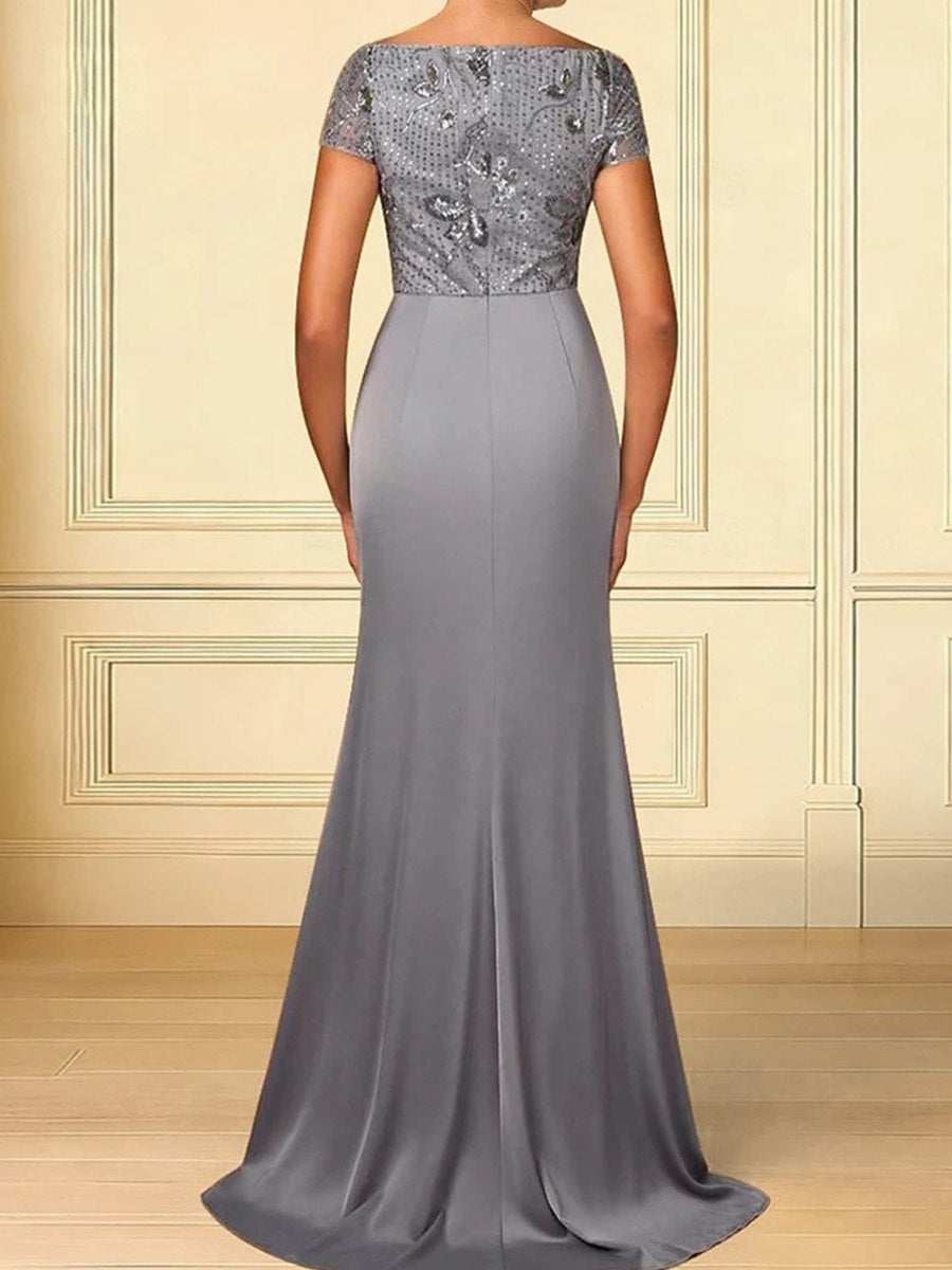 Sheath Off-the-Shoulder Short Sleeves Sequin Floor-Length Silk Like Satin Corset Mother of the Bride Dress
