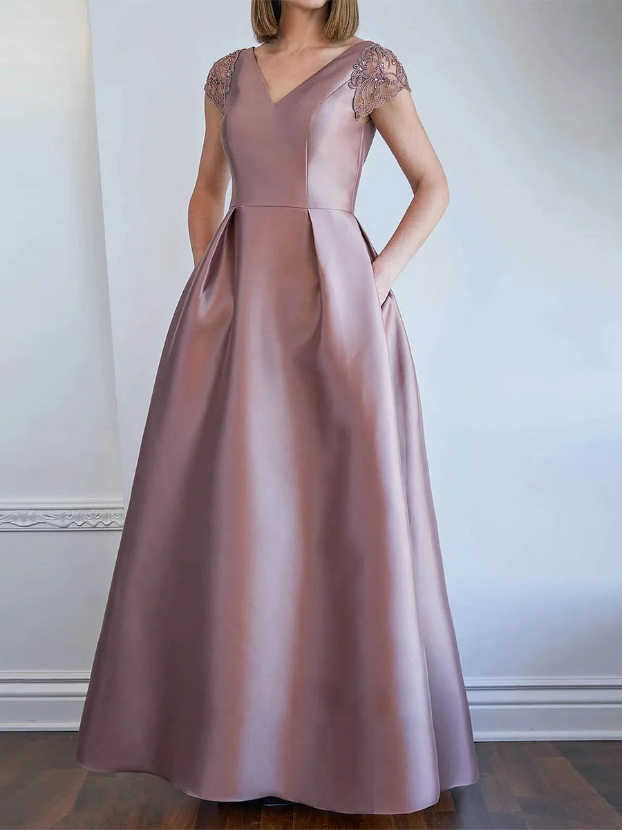A-line/Princess V-neck Short Sleeves Appliques Lace Floor-Length Satin Corset Mother of the Bride Dress