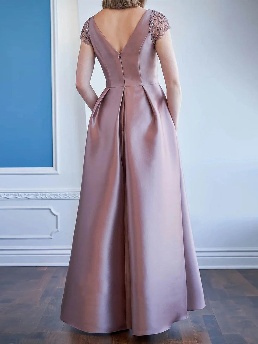 A-line/Princess V-neck Short Sleeves Appliques Lace Floor-Length Satin Corset Mother of the Bride Dress