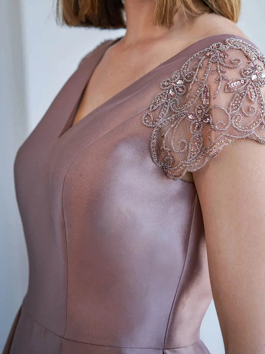 A-line/Princess V-neck Short Sleeves Appliques Lace Floor-Length Satin Corset Mother of the Bride Dress