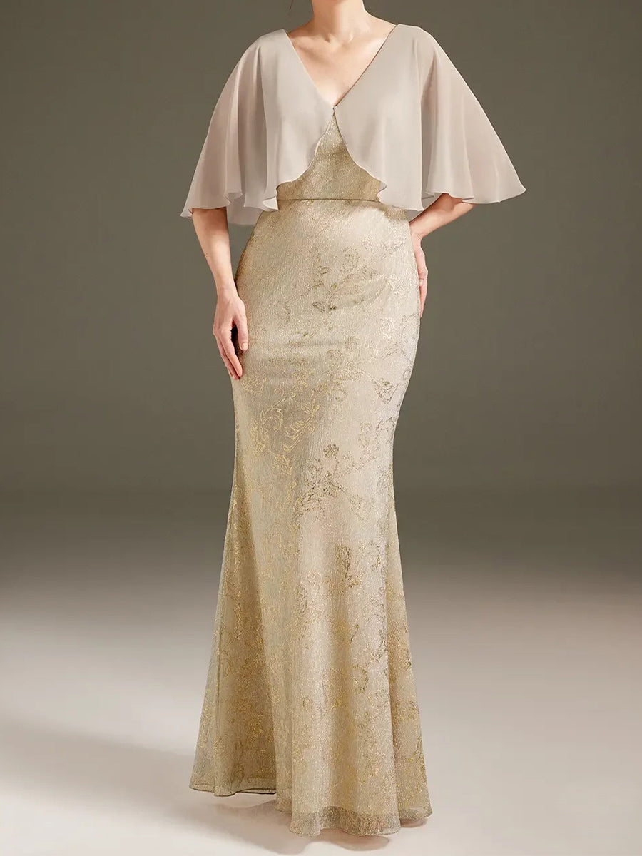 Sheath/Column V-neck Short Sleeves Floor-Length Chiffon Corset Mother of the Bride Dress