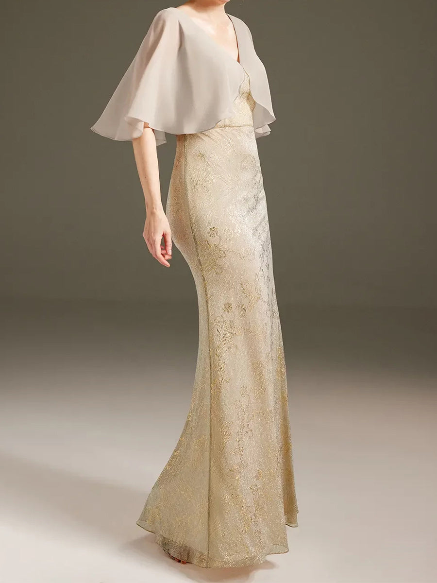 Sheath/Column V-neck Short Sleeves Floor-Length Chiffon Corset Mother of the Bride Dress