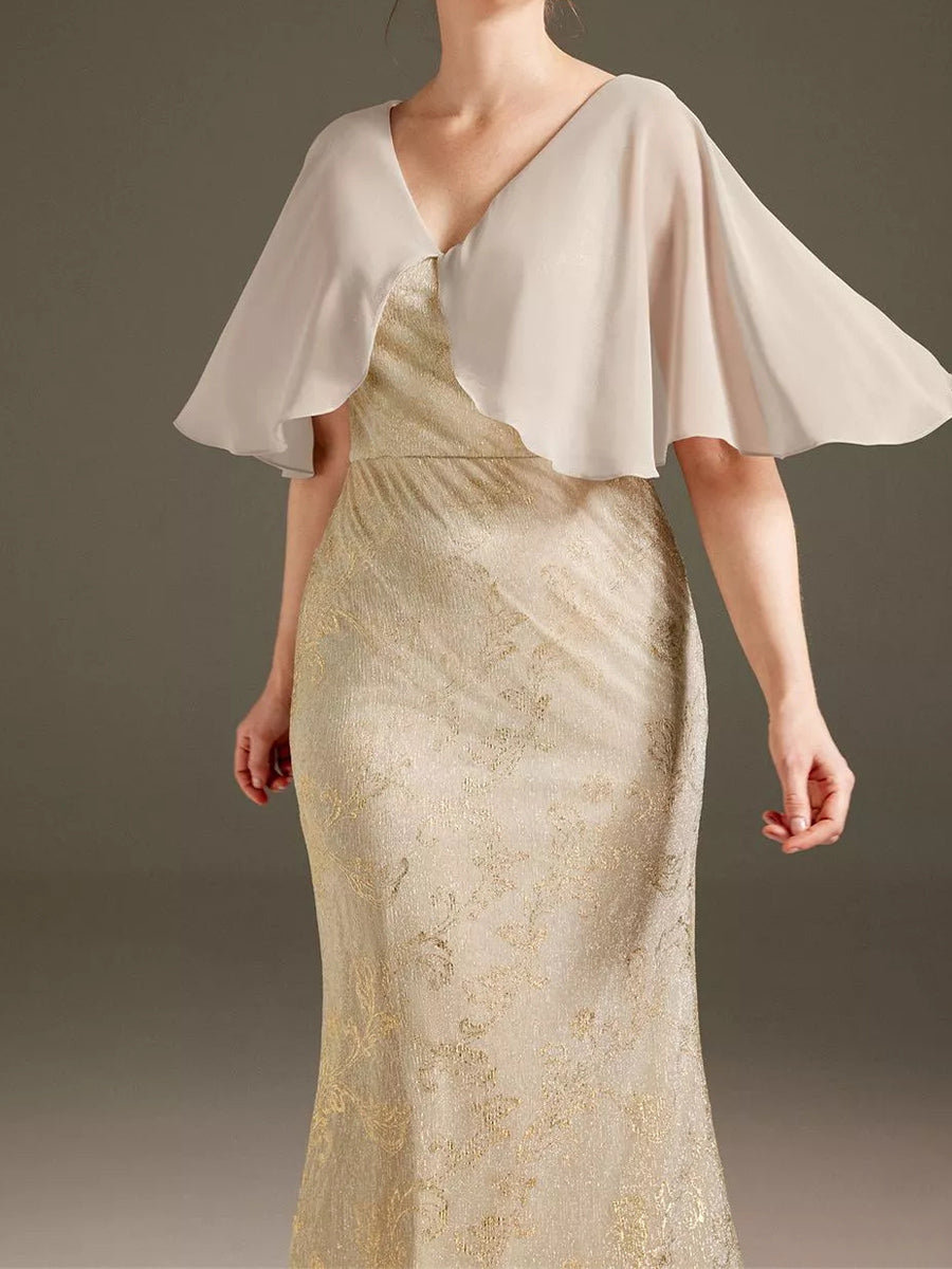 Sheath/Column V-neck Short Sleeves Floor-Length Chiffon Corset Mother of the Bride Dress