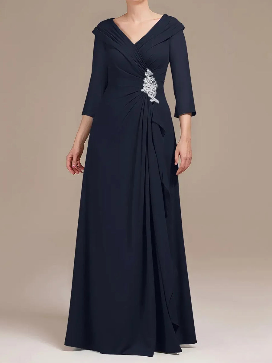 A-line/Princess V-neck 3/4 Sleeves Appliques Lace Floor-Length Chiffon Corset Mother of the Bride Dress