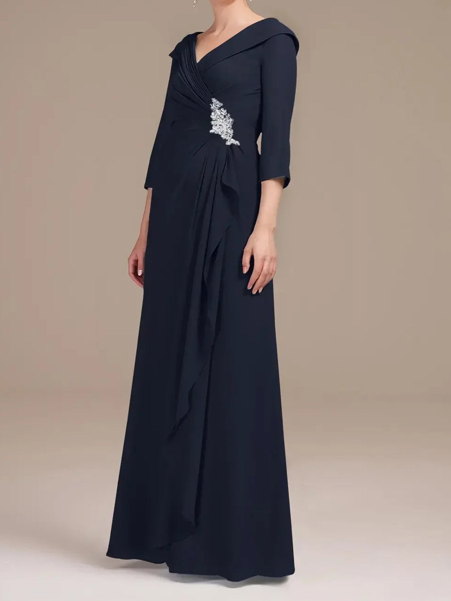 A-line/Princess V-neck 3/4 Sleeves Appliques Lace Floor-Length Chiffon Corset Mother of the Bride Dress