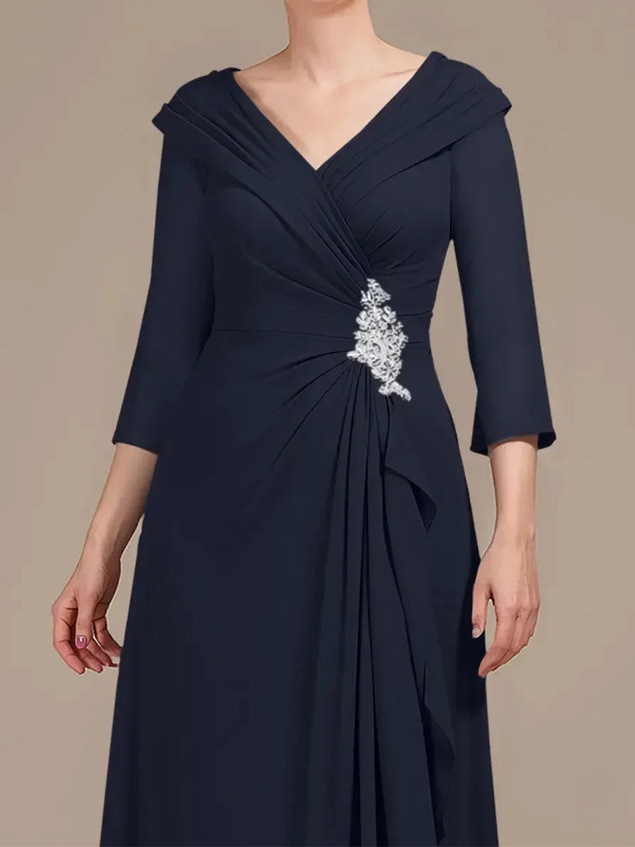 A-line/Princess V-neck 3/4 Sleeves Appliques Lace Floor-Length Chiffon Corset Mother of the Bride Dress