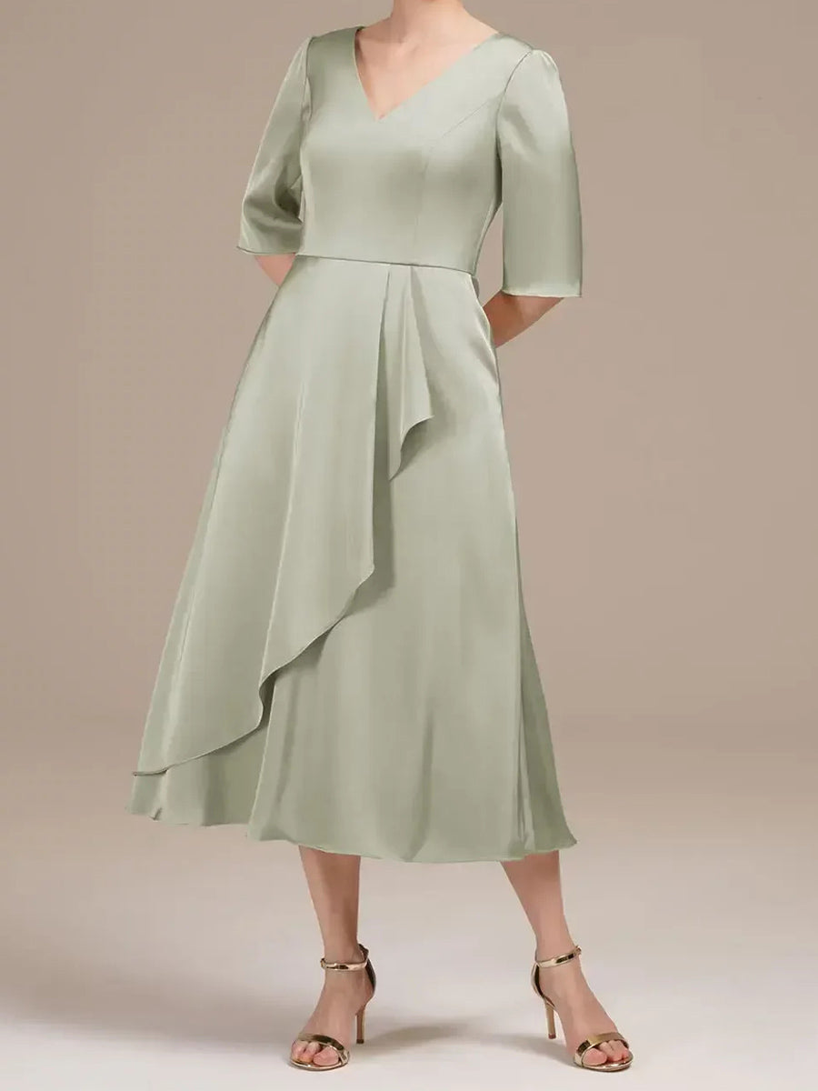 A-line/Princess V-neck 1/2 Sleeves Ruffles Tea-Length Silk Like Satin Corset Mother of the Bride Dress