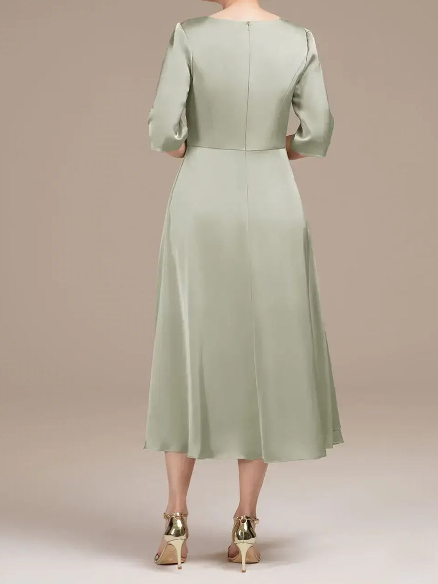 A-line/Princess V-neck 1/2 Sleeves Ruffles Tea-Length Silk Like Satin Corset Mother of the Bride Dress
