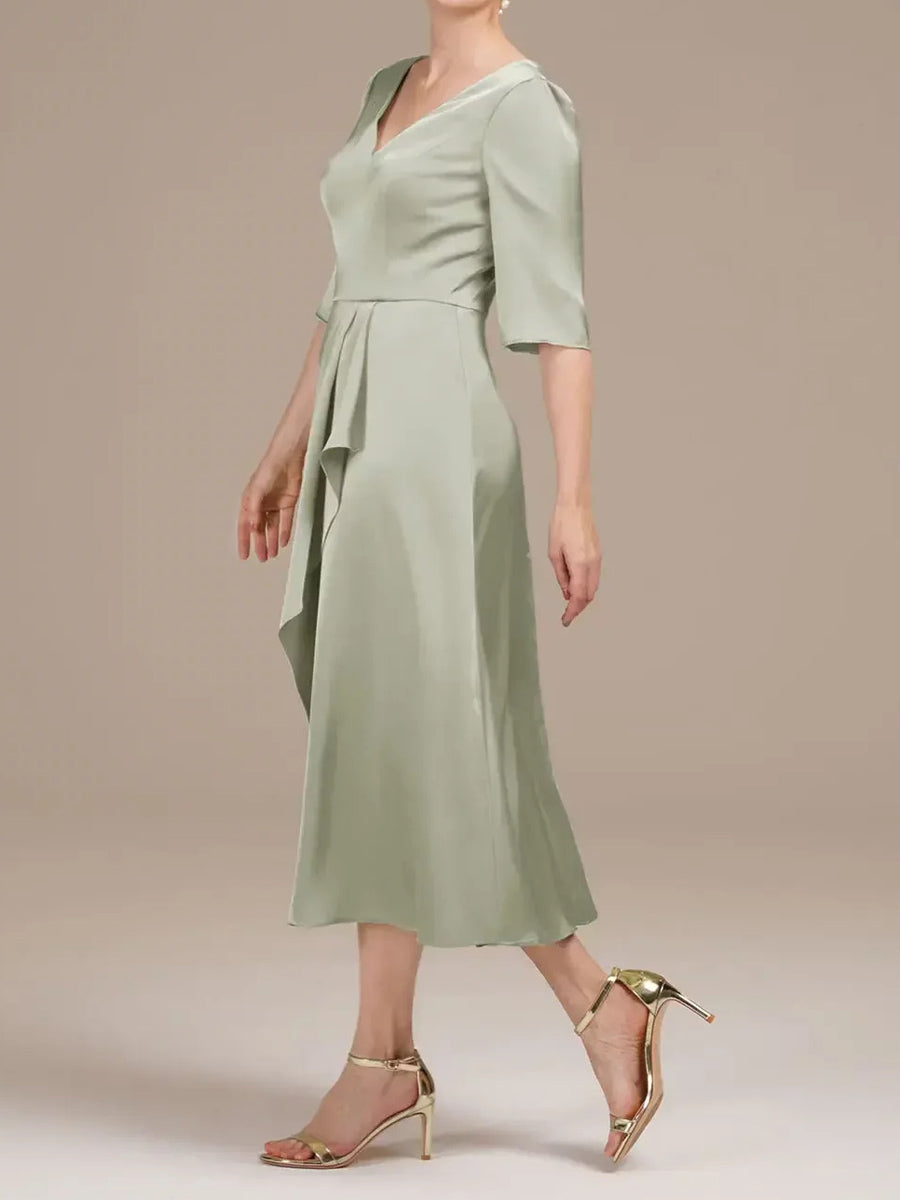 A-line/Princess V-neck 1/2 Sleeves Ruffles Tea-Length Silk Like Satin Corset Mother of the Bride Dress