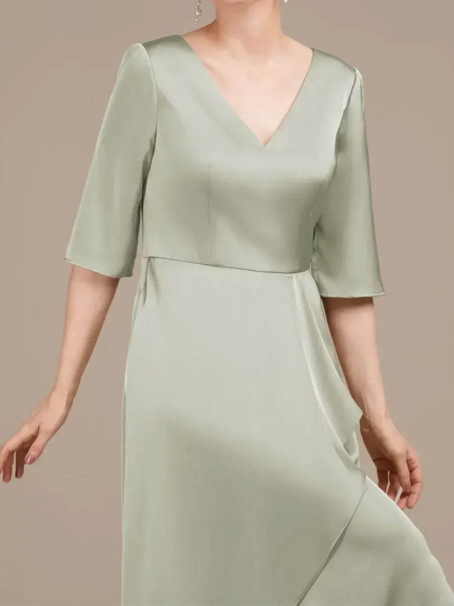 A-line/Princess V-neck 1/2 Sleeves Ruffles Tea-Length Silk Like Satin Corset Mother of the Bride Dress