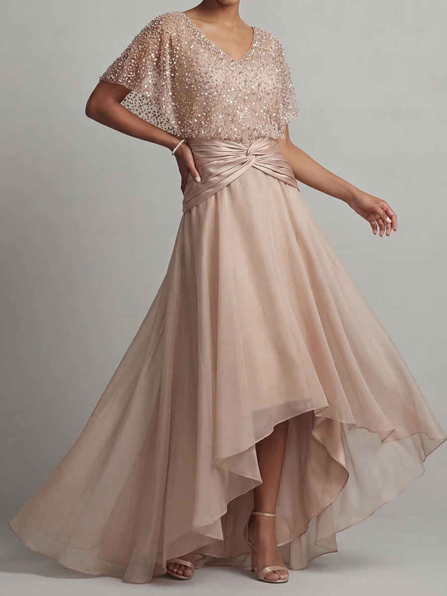 A-line/Princess V-neck Short Sleeves Pleated Asymmetrical 30D Chiffon Corset Mother of the Bride Dress