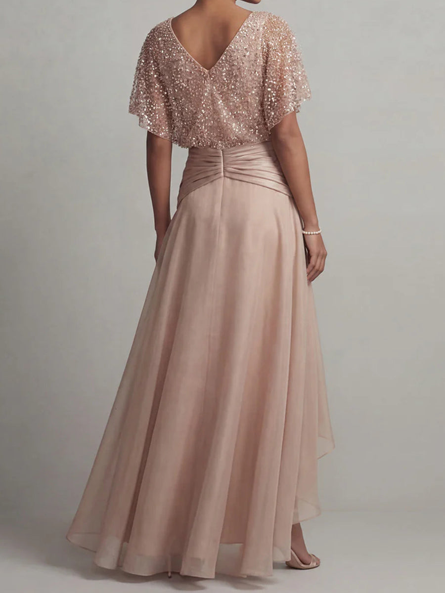 A-line/Princess V-neck Short Sleeves Pleated Asymmetrical 30D Chiffon Corset Mother of the Bride Dress