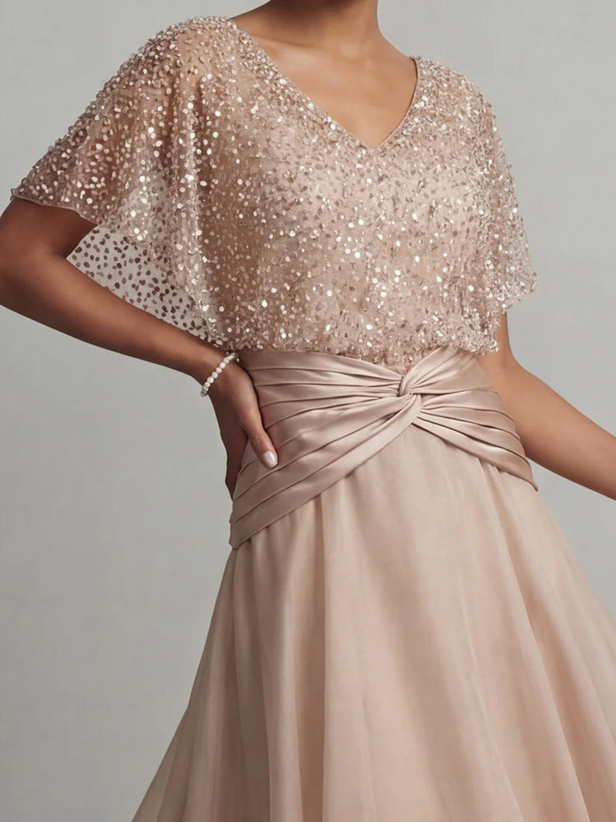 A-line/Princess V-neck Short Sleeves Pleated Asymmetrical 30D Chiffon Corset Mother of the Bride Dress