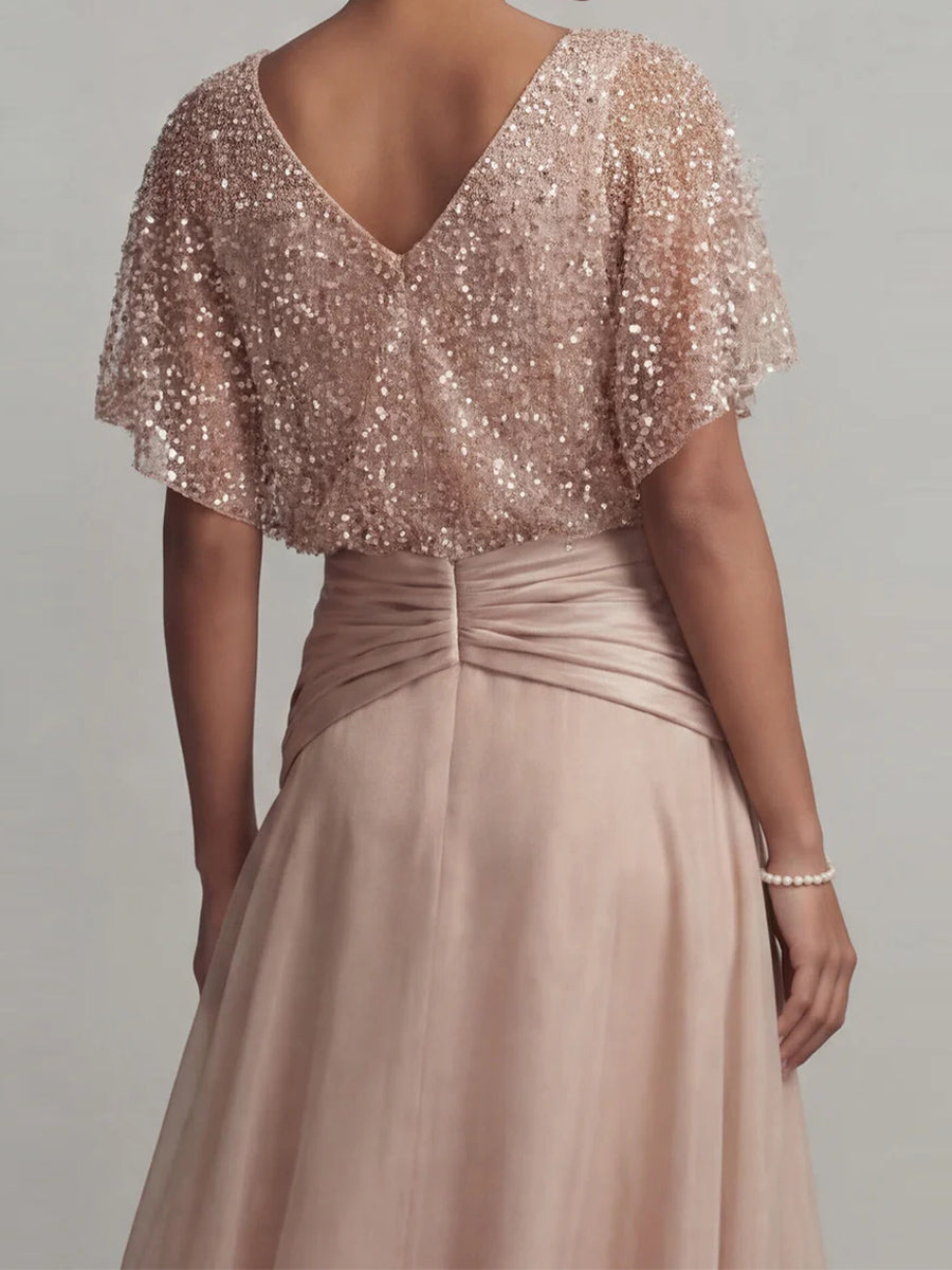 A-line/Princess V-neck Short Sleeves Pleated Asymmetrical 30D Chiffon Corset Mother of the Bride Dress