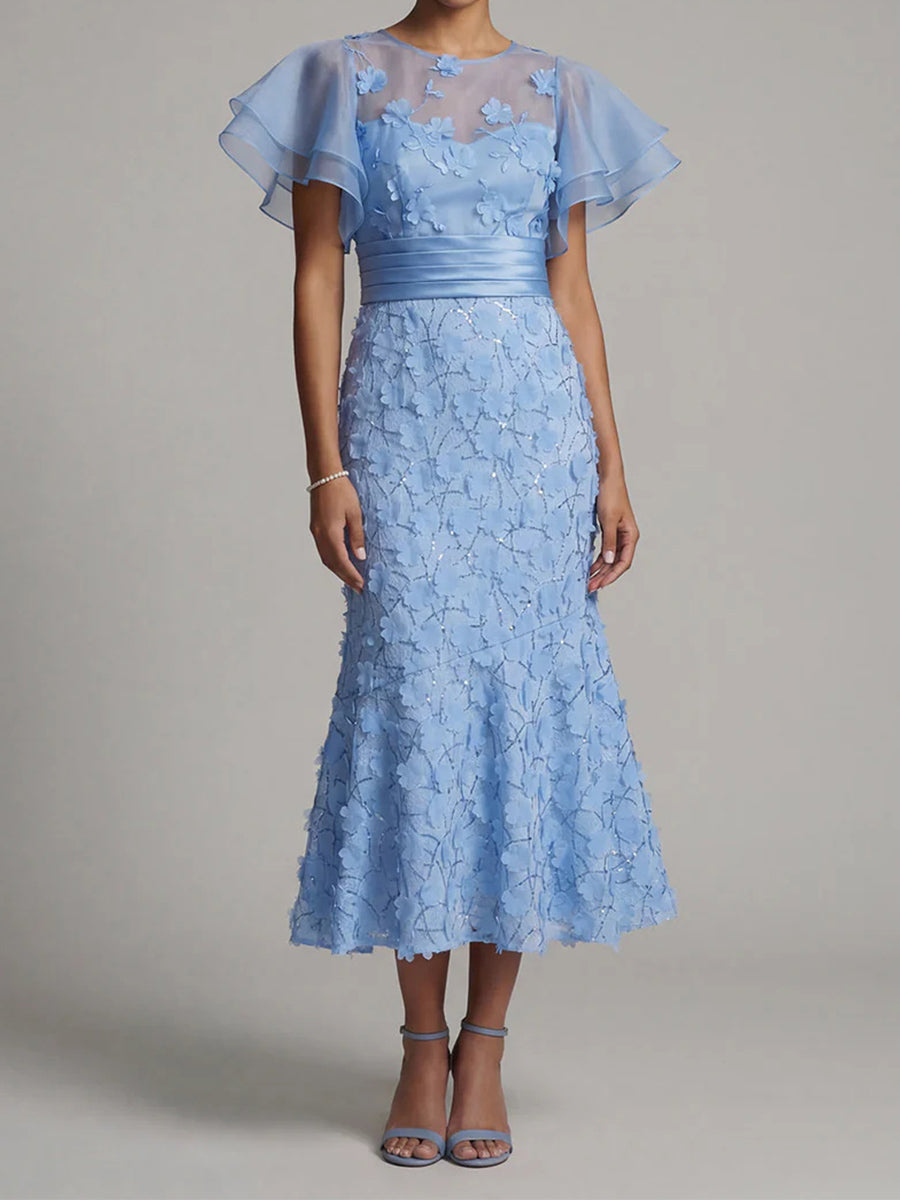 Sheath/Column Scoop Short Sleeves Pleated Tea-Length Silk Like Satin Corset Mother of the Bride Dress