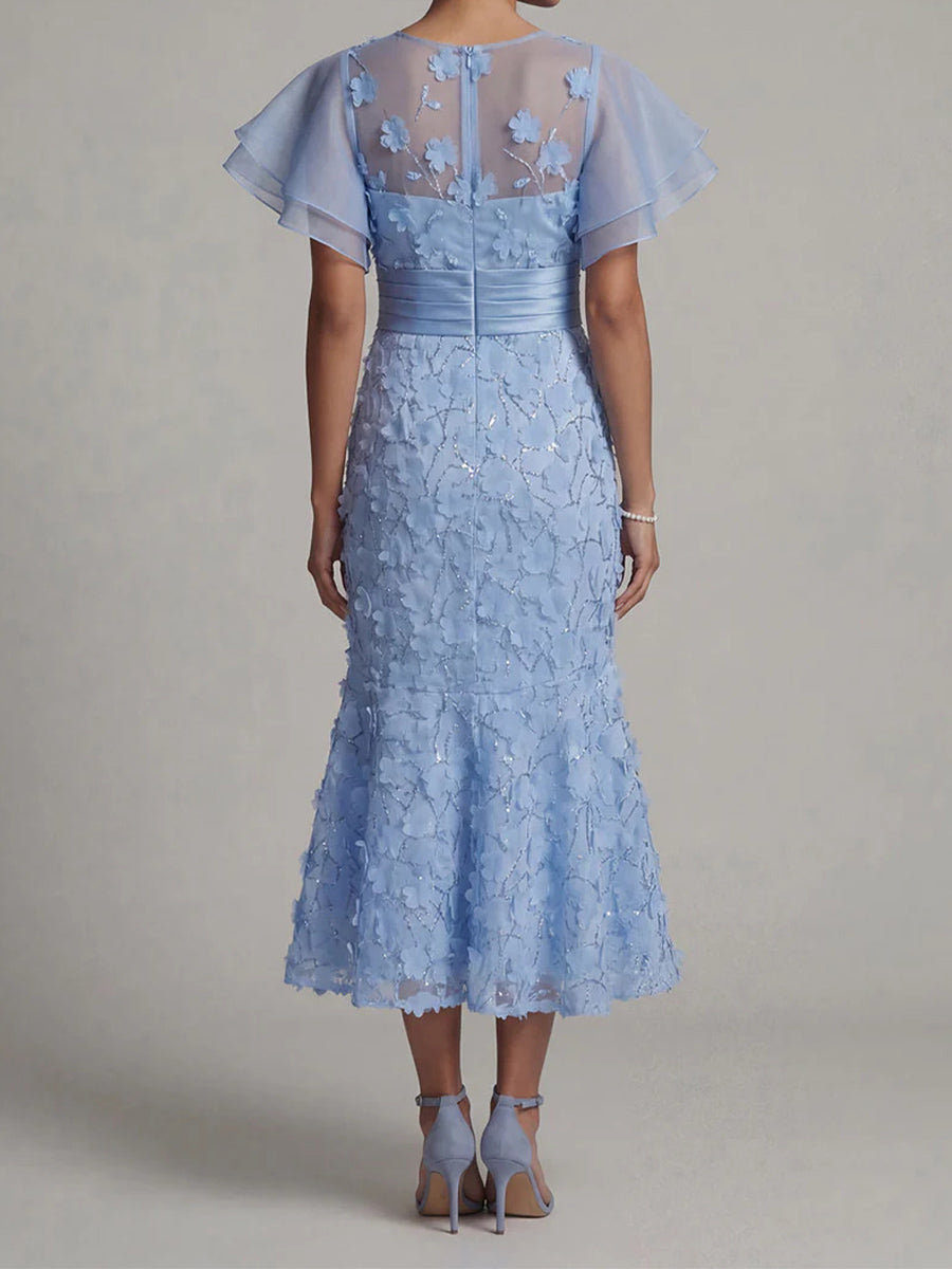 Sheath/Column Scoop Short Sleeves Pleated Tea-Length Silk Like Satin Corset Mother of the Bride Dress