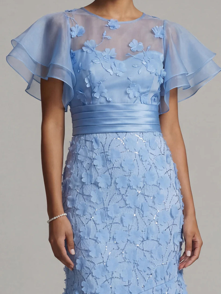 Sheath/Column Scoop Short Sleeves Pleated Tea-Length Silk Like Satin Corset Mother of the Bride Dress