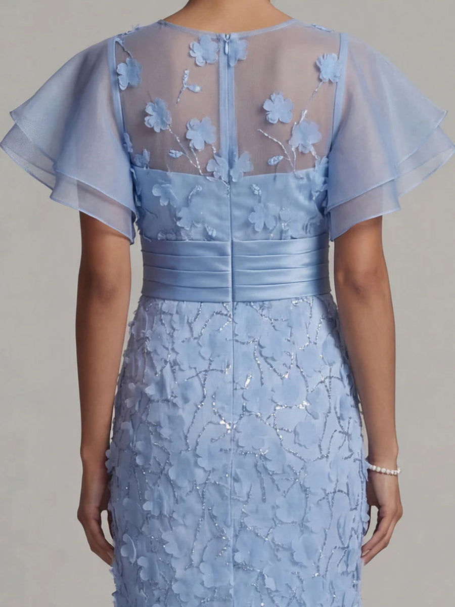 Sheath/Column Scoop Short Sleeves Pleated Tea-Length Silk Like Satin Corset Mother of the Bride Dress