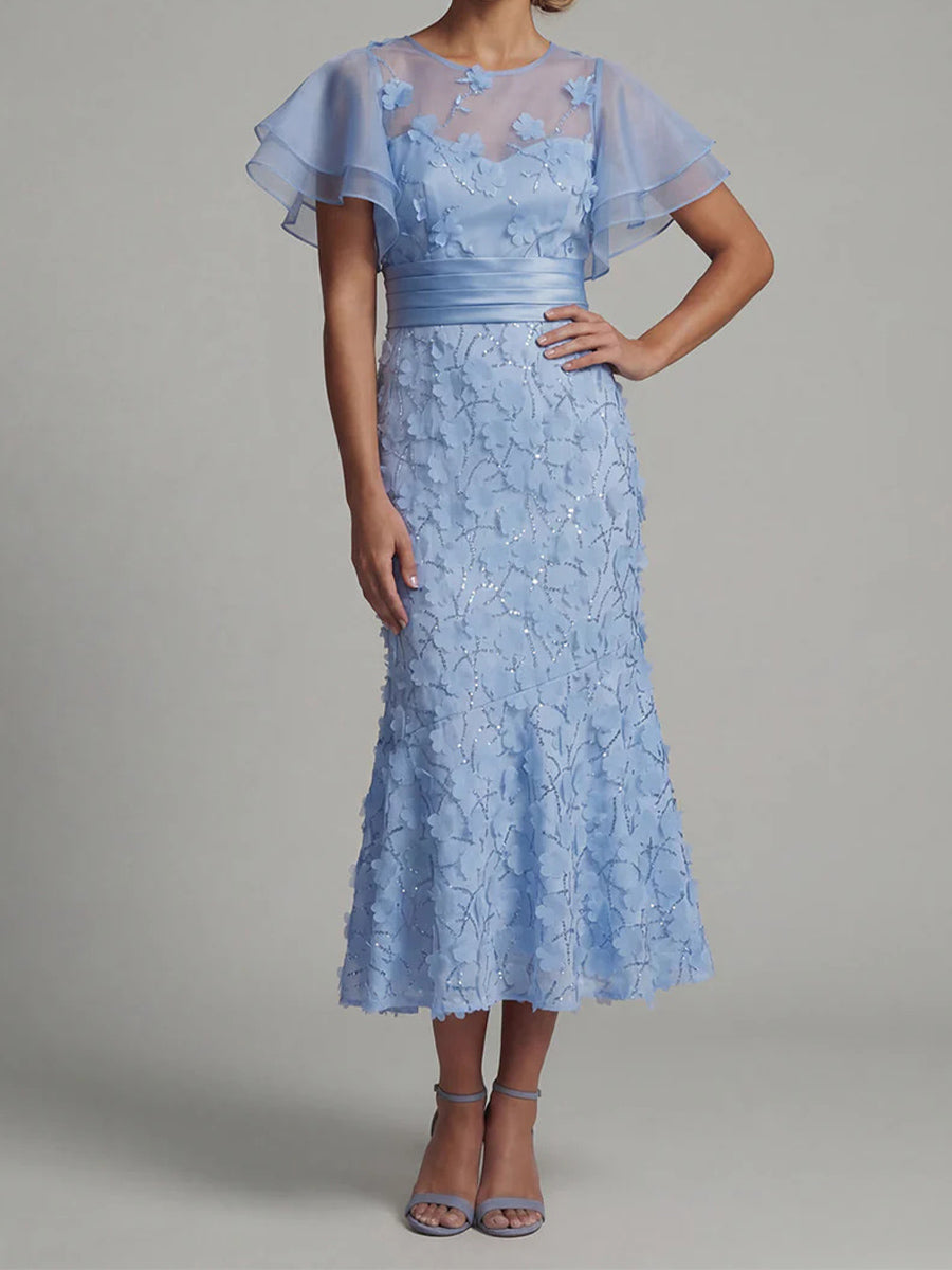 Sheath/Column Scoop Short Sleeves Pleated Tea-Length Silk Like Satin Corset Mother of the Bride Dress