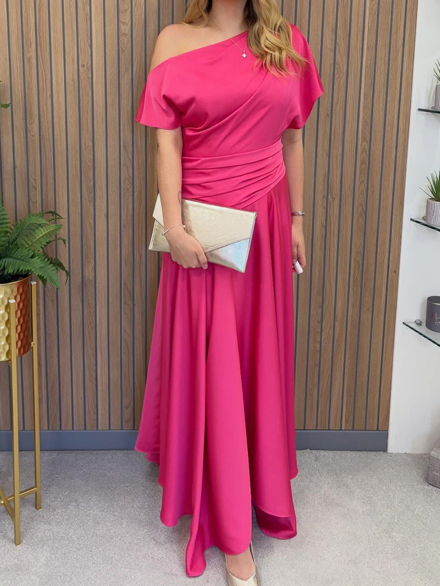 A-line/Princess One-Shoulder Short Sleeves Pleated Floor-Length Silk Like Satin Corset Mother of the Bride Dress