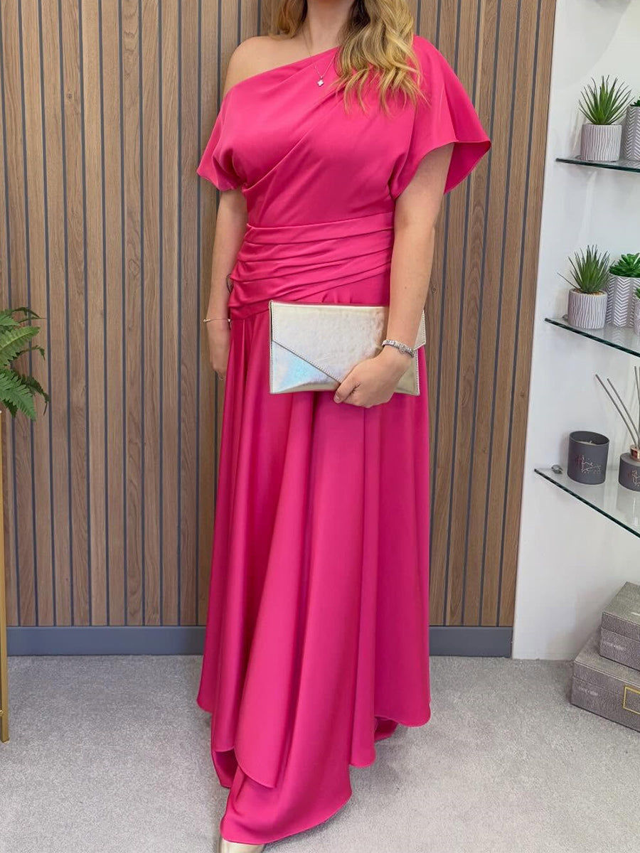 A-line/Princess One-Shoulder Short Sleeves Pleated Floor-Length Silk Like Satin Corset Mother of the Bride Dress