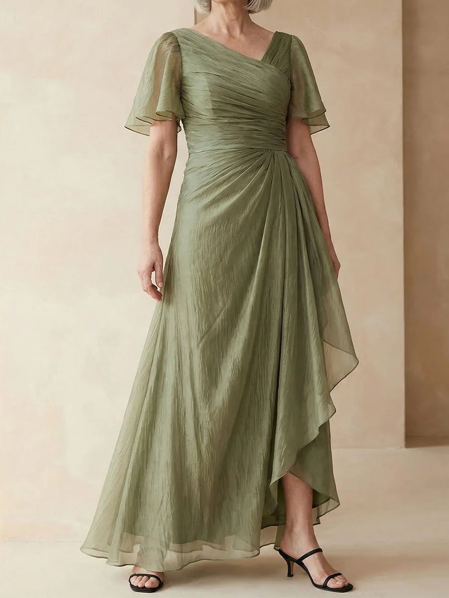 A-line/Princess Scoop Short Sleeves Pleated Floor-Length Corset Mother of the Bride Dress