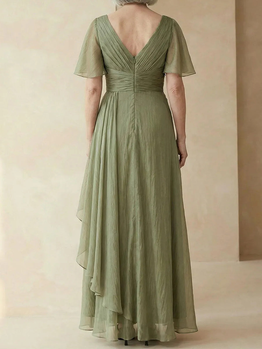 A-line/Princess Scoop Short Sleeves Pleated Floor-Length Corset Mother of the Bride Dress