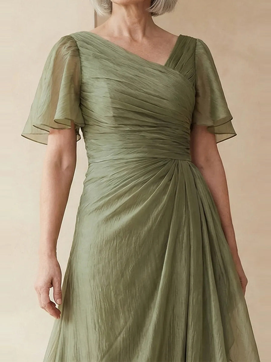 A-line/Princess Scoop Short Sleeves Pleated Floor-Length Corset Mother of the Bride Dress