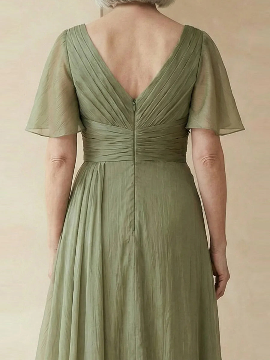 A-line/Princess Scoop Short Sleeves Pleated Floor-Length Corset Mother of the Bride Dress