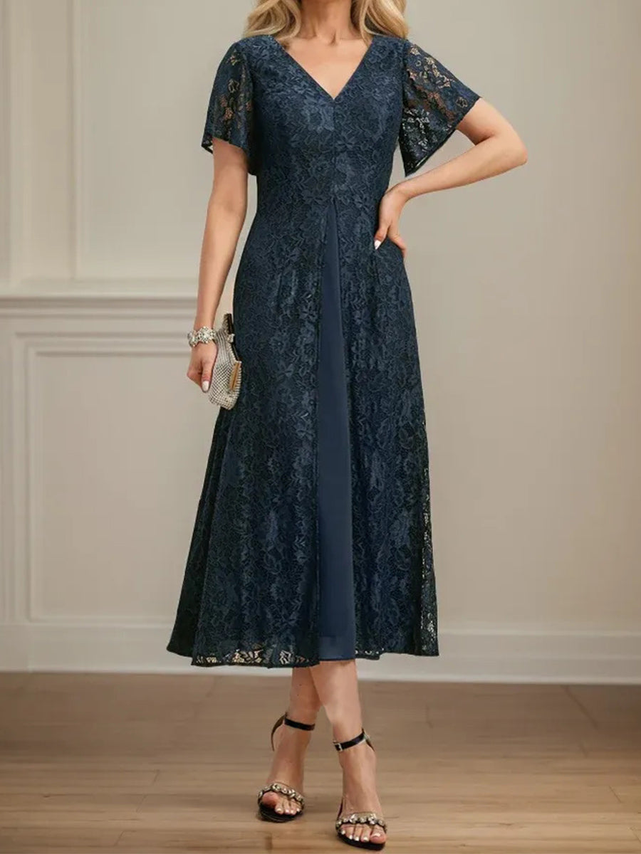 A-line/Princess V-neck Short Sleeves Tea-Length Chiffon Corset Mother of the Bride Dress