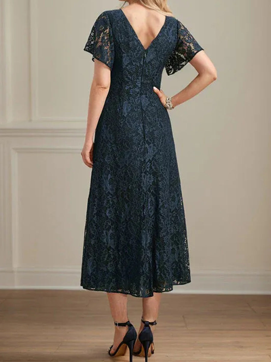 A-line/Princess V-neck Short Sleeves Tea-Length Chiffon Corset Mother of the Bride Dress
