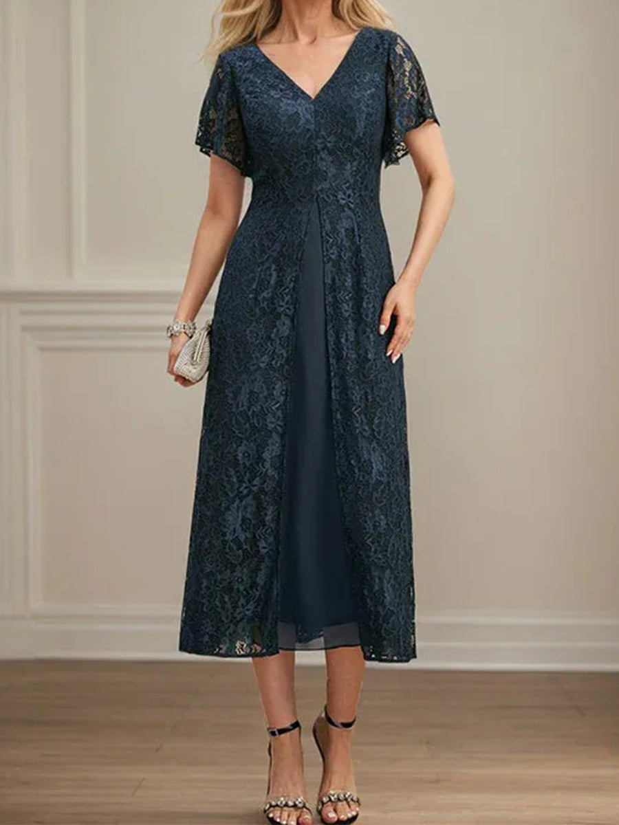 A-line/Princess V-neck Short Sleeves Tea-Length Chiffon Corset Mother of the Bride Dress