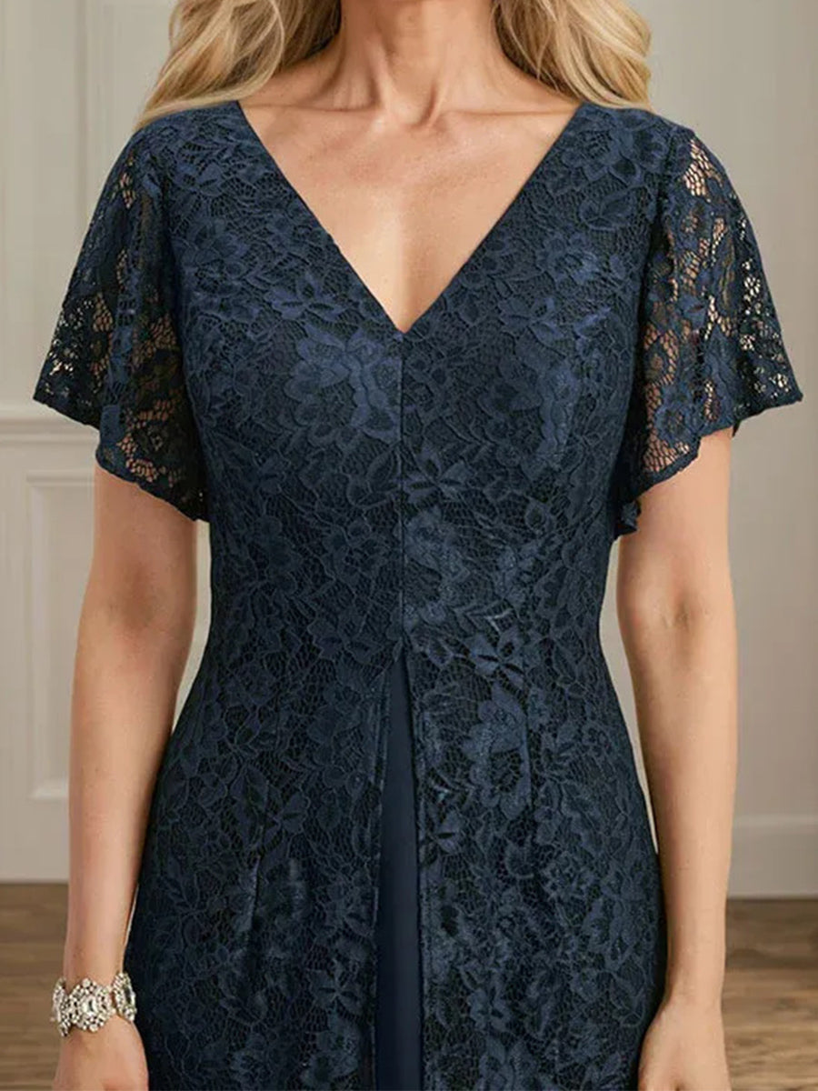 A-line/Princess V-neck Short Sleeves Tea-Length Chiffon Corset Mother of the Bride Dress