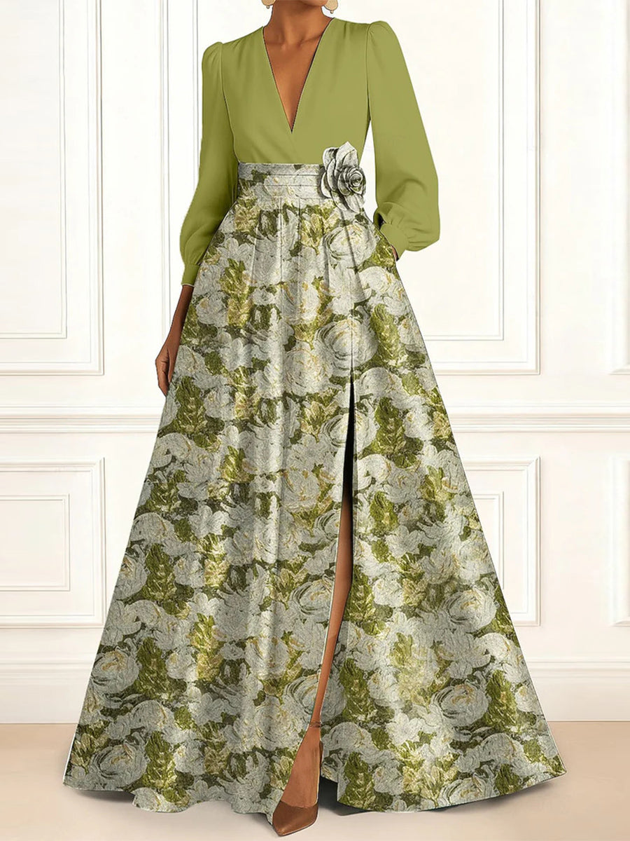 A-line/Princess V-neck Long Sleeves Flower Floor-Length Corset Mother of the Bride Dress