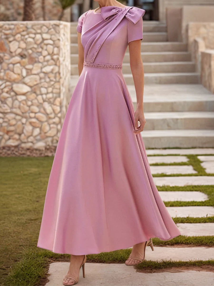 A-line/Princess Scoop Short Sleeves Pleated Ankle-Length Stretch Crepe Mother of the Bride Dress
