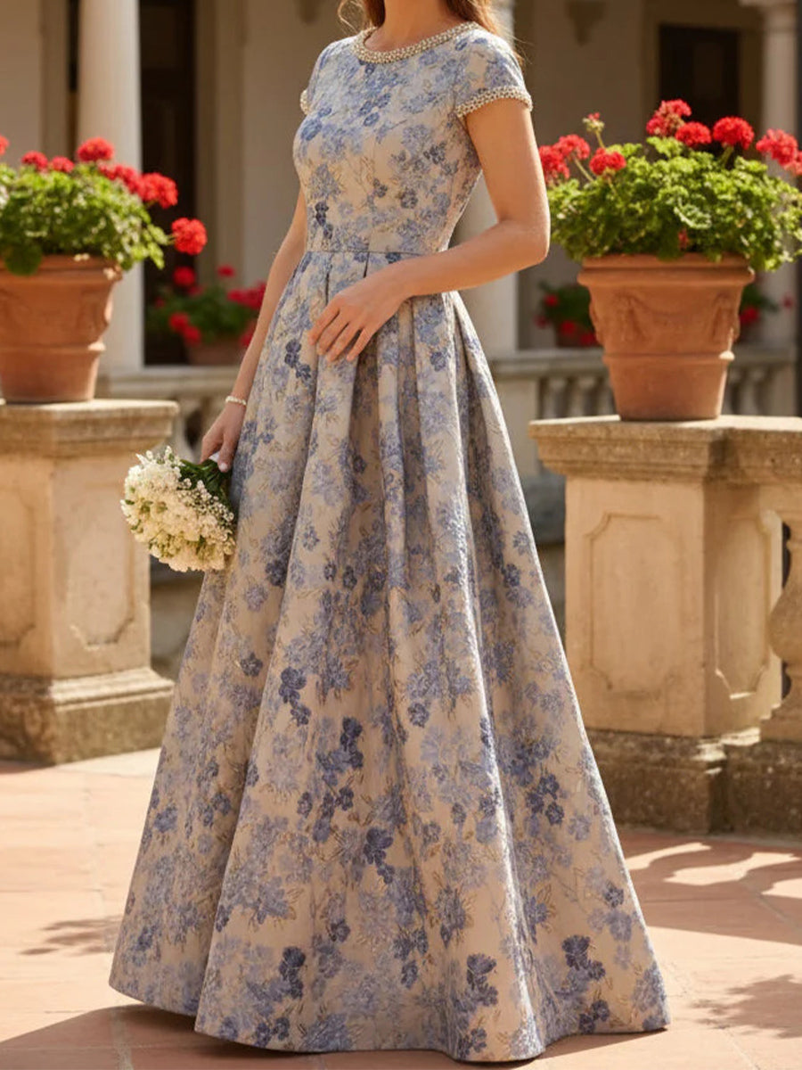 A-line/Princess Scoop Short Sleeves Beading Floor-Length Corset Mother of the Bride Dress