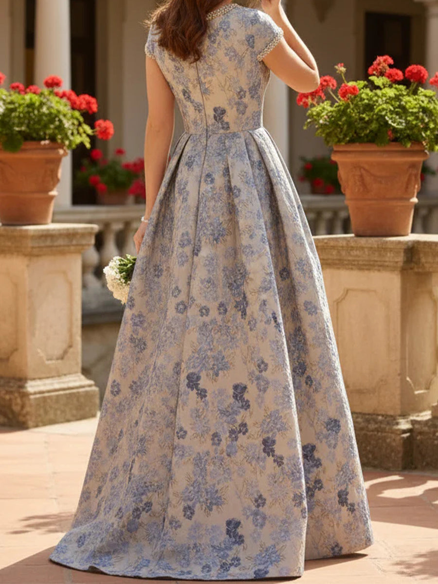 A-line/Princess Scoop Short Sleeves Beading Floor-Length Corset Mother of the Bride Dress