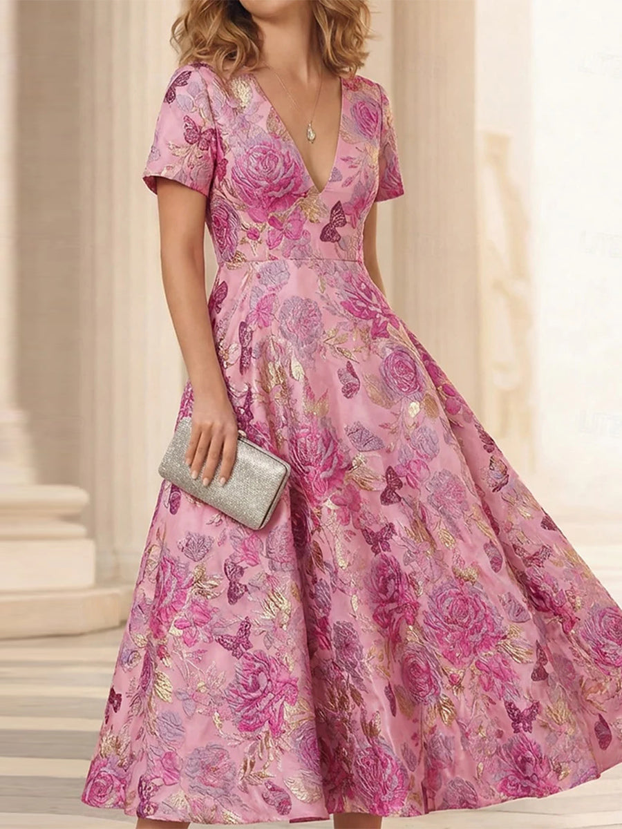 A-line/Princess V-neck Short Sleeves Tea-Length Corset Mother of the Bride Dress