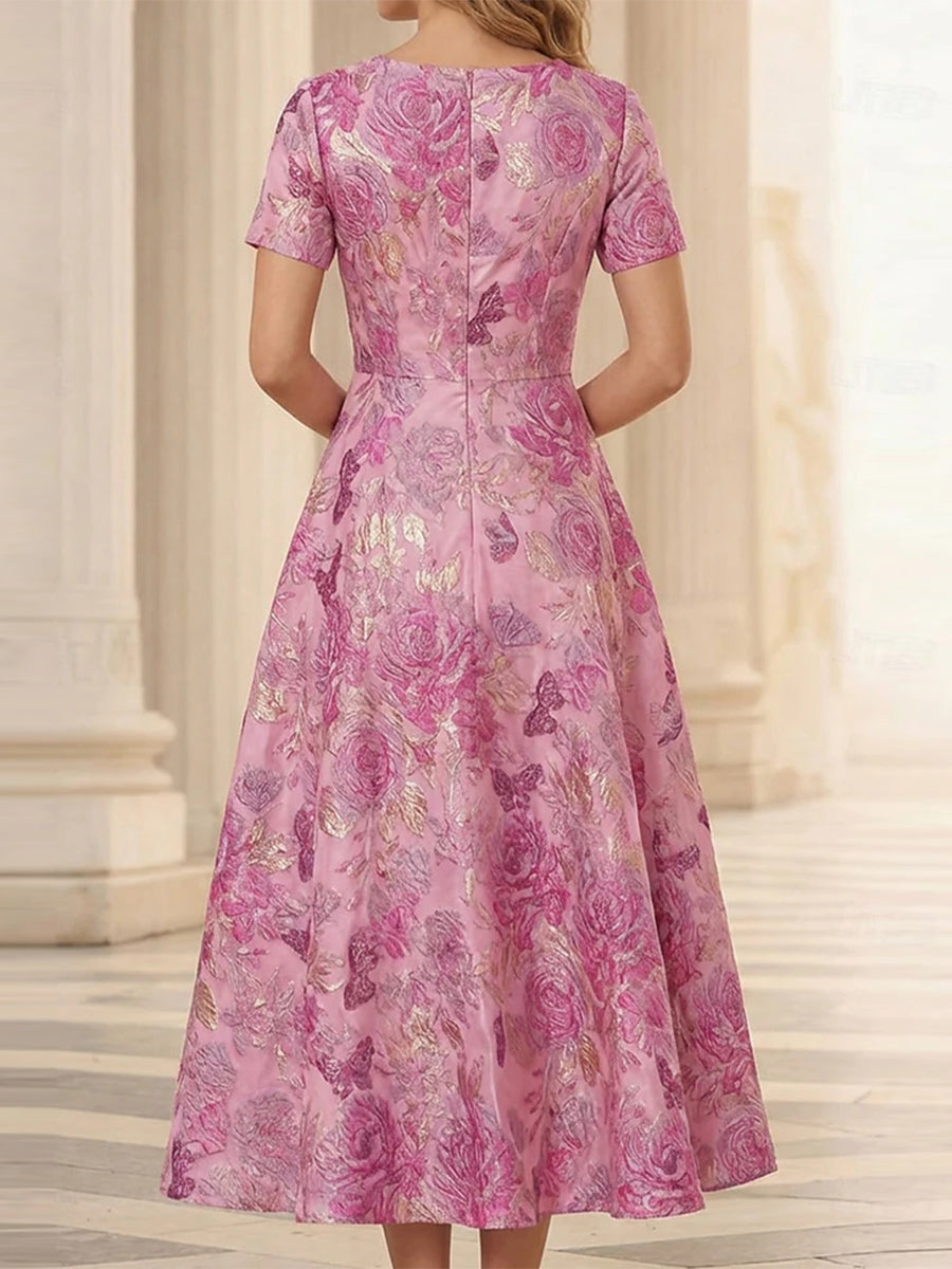 A-line/Princess V-neck Short Sleeves Tea-Length Corset Mother of the Bride Dress