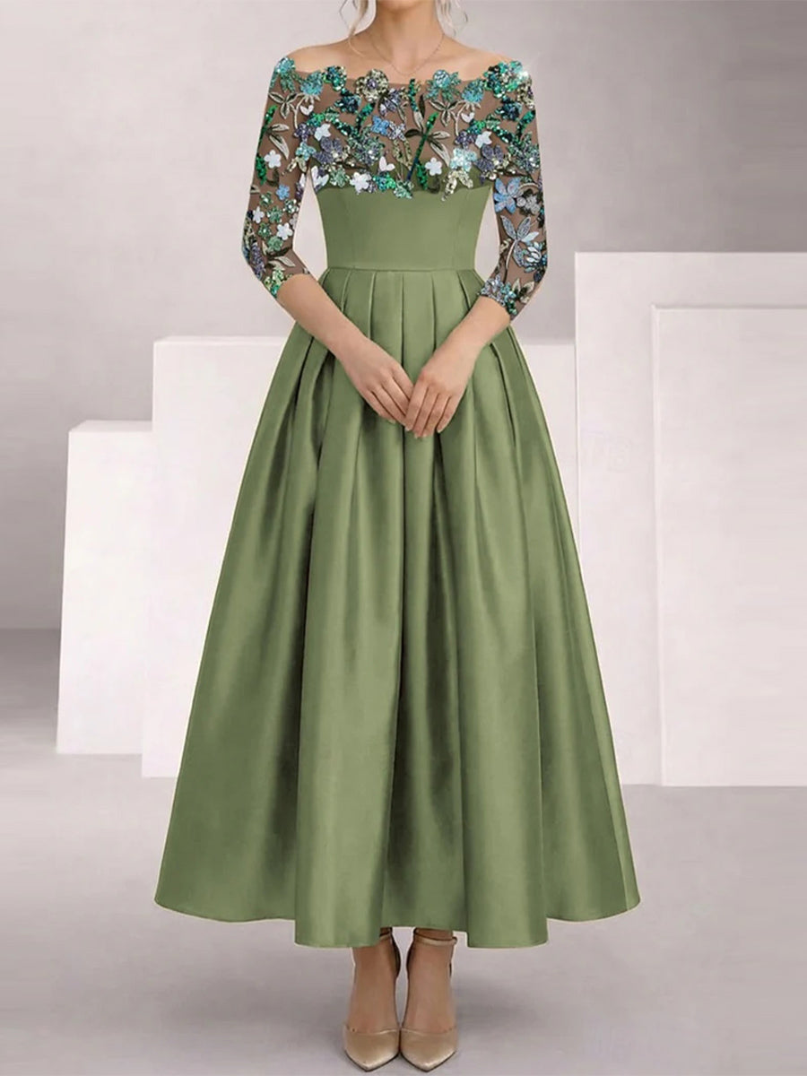 A-line/Princess Off-the-Shoulder 3/4 Sleeves Sequin Ankle-Length Satin Corset Mother of the Bride Dress