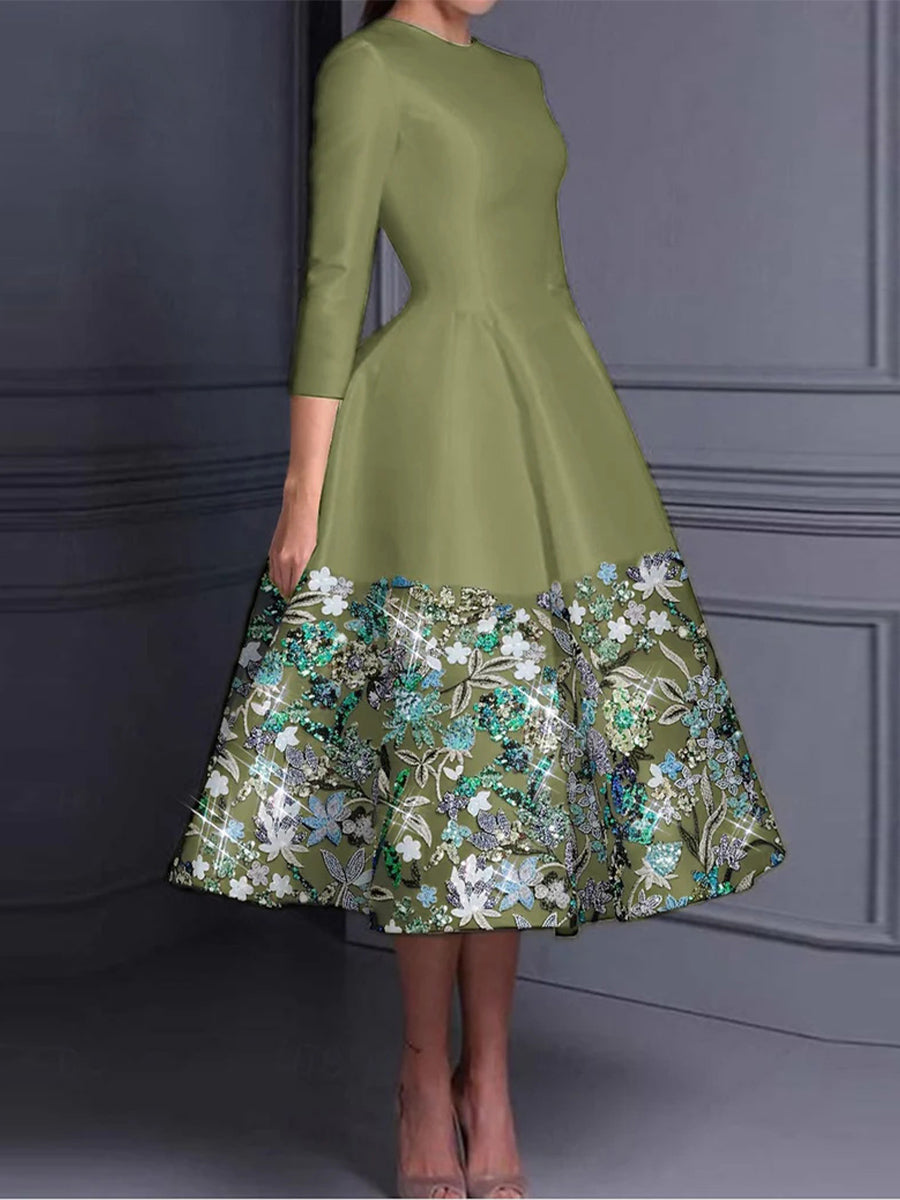 A-line/Princess Scoop 3/4 Sleeves Sequin Tea-Length Satin Corset Mother of the Bride Dress
