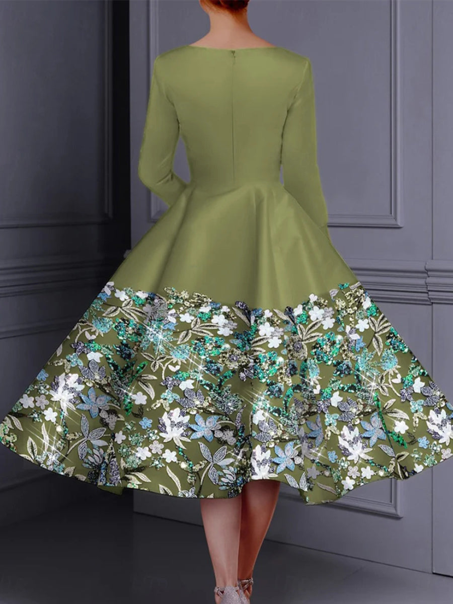 A-line/Princess Scoop 3/4 Sleeves Sequin Tea-Length Satin Corset Mother of the Bride Dress