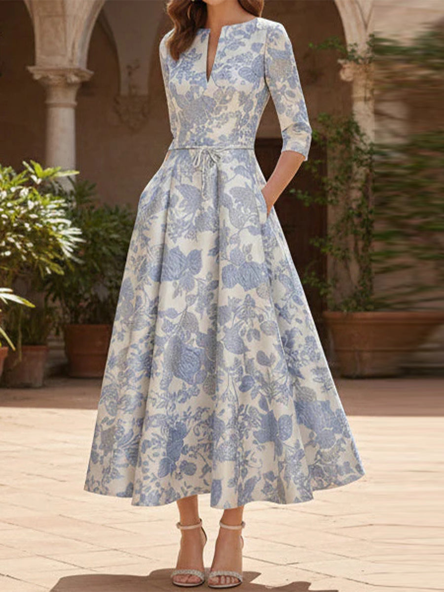 A-line/Princess Scoop 3/4 Sleeves Tea-Length Corset Mother of the Bride Dress
