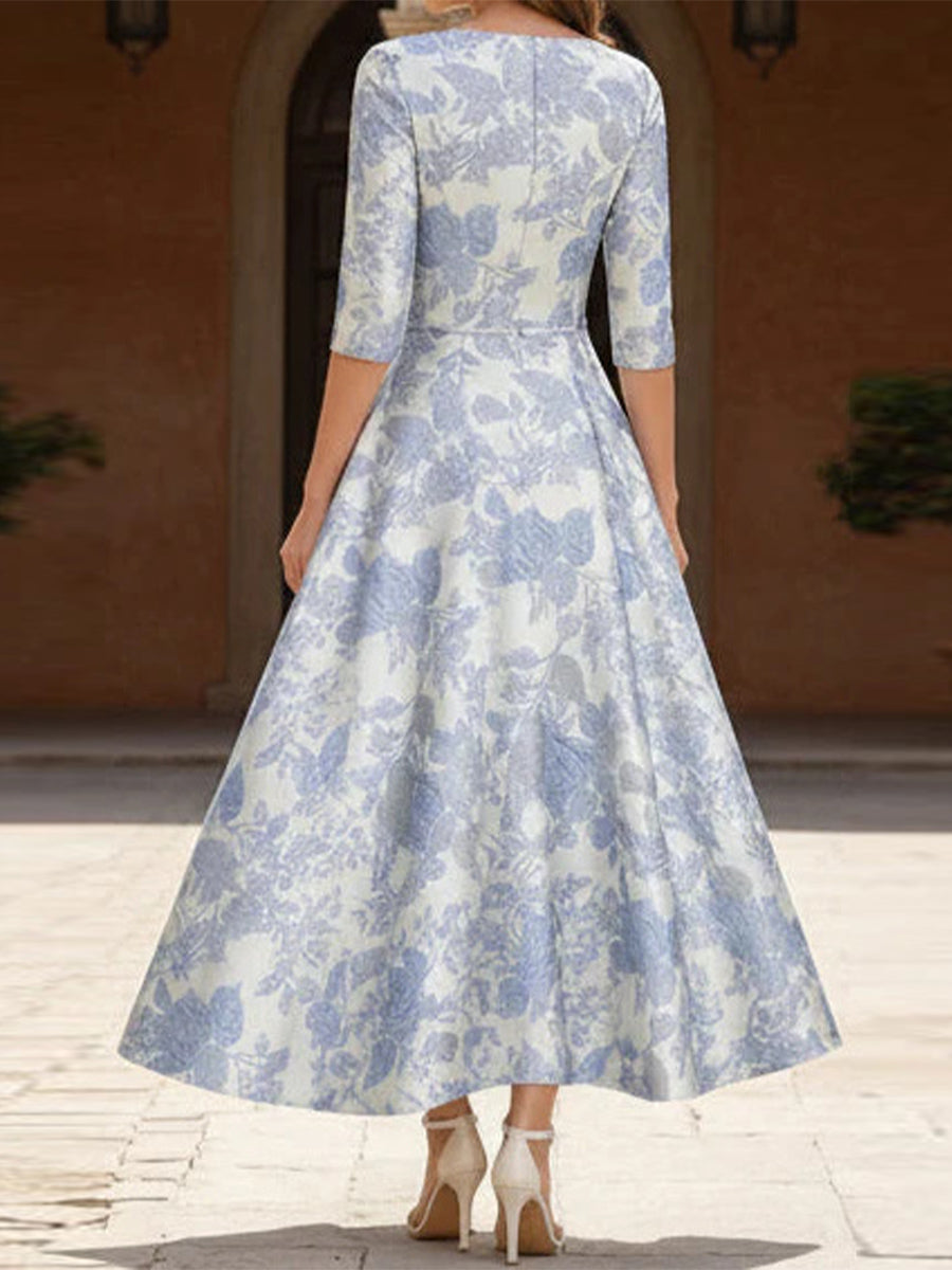 A-line/Princess Scoop 3/4 Sleeves Tea-Length Corset Mother of the Bride Dress