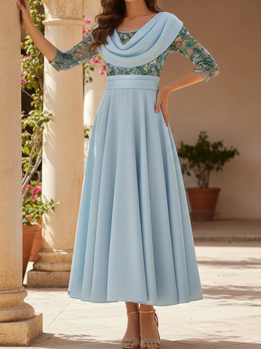 A-line/Princess Scoop 3/4 Sleeves Pleated Ankle-Length Stretch Crepe Mother of the Bride Dress