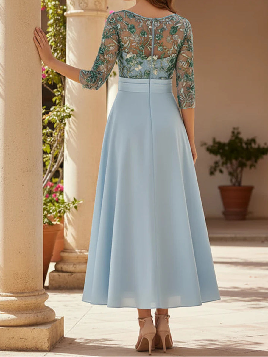 A-line/Princess Scoop 3/4 Sleeves Pleated Ankle-Length Stretch Crepe Mother of the Bride Dress